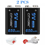 Cityork 9 V 650 mAh liitium-ioon aku mikro-USB akud 9 V liitiumakud multimeetri m&auml;nguasjade kaugjuhtimispuldi jaoks