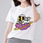 Naiste valge T-s&auml;rk Casual Cartoon Moon Space Bear Print Mugav naistele hingav noorte &otilde;huke O-kaelusega &uuml;laosa l&uuml;hikeste varrukatega XS