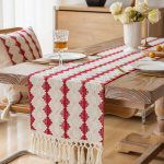 Boho j&otilde;ululauajooks, pikk naturaalsest riidest tuttidega jooksja koduseks s&ouml;&ouml;gilaua kaunistamiseks, kaasaegse talukaunistusega diivanilaua jooksja 35*91cm