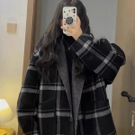 Suur number ruuduline villane mantel naiste s&uuml;gis- ja talve rasvane loose retro elegantne villane mantel ins trendikas L must