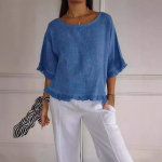 Naiste suvine l&uuml;hikeste varrukatega &uuml;mmarguse kaelusega puuvillane linane &uuml;hev&auml;rviline vaba sobivusega naiste s&auml;rk S sinine