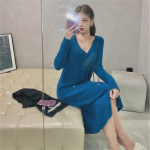 Prantsuse vintage silmkoeline kampsun kleit S&uuml;gisene uus naiste pikk lamamisstiil V kaelus &uuml;le p&otilde;lve Villane kleit kampsun Naiste topid One Size