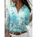 Kevad-suvised pikkade varrukatega vabaaja naiste avarad s&auml;rgid, mood, uus, tr&uuml;kitud, lahtik&auml;iv krae, suures suuruses pluusid, naiste n&ouml;&ouml;pidega kontoris naiste topid 26611 S j&auml;rve sinine v&auml;rv