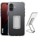 Coque pour iphone 16 plus - silicone ultra slim antichoc avec support r&eacute;glable m&eacute;tal argent&eacute;