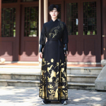 Elegantne must hanfu: Kuldse stantsiga kraanade disain, Suur suurus paarikomplekt, Traditsiooniline Hiina stiilis seelik naistele 3XL