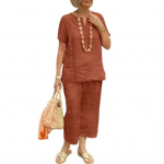 Puuvillane linane kaheosaline puhkekomplekt naistele, lahtise V-kaelusega l&uuml;hikeste varrukatega top, sobivad laiad p&uuml;ksid, suvine vabaaja riietus XL