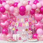 S&uuml;nnip&auml;eva &otilde;hupallide komplekt 'Happy Birthday' lipukeste b&auml;nneriga, narmastega vihmakardin, s&uuml;nnip&auml;evakaunistus, &otilde;hupall Pink set