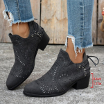 JITUUE Boots for women Casual Cut Out Low Heel Short Chunky Stacked Heel Perforated Side V Cut Western Booties Cutout Shoes 38 must