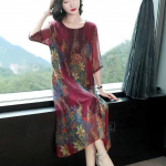 Boussac Western Floral Print Woman poolvarrukatega Vestidos Mujer elegantne siidist kleit 5xl L veinipunane v&auml;rv