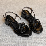 Avatud ninaga sandaalid 2025 Prantsuse retro keskmise kontsaga suvised uued vabaaja mugavad naiste kingad ristrihmaga Rooma Femininas Sandaalid 38 black