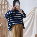 Johnature vabaaja triibulised naiste s&auml;rgid, kevadised k&otilde;ik sobivad vabad vintage puuvillased naiste topid One Size sinine