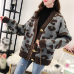 Hirsionsan Leisure Leopard Print Kootud kardigan Naiste s&uuml;gis avara V kaelusega pikkade varrukatega kampsun Naiste lihtne mood &uuml;he rinnaga topid one size kohv