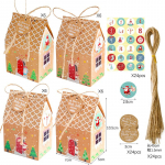 J&otilde;ulukommikotid maja kuju j&otilde;upaberist j&otilde;ulukinkekarp DIY k&uuml;psisekottide pakkimiskarbid n&ouml;&ouml;ridega j&otilde;ulukaunistused A-1set(24 carton + 24 tag + 24 twine + 24 sticker)