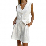 2 tk/komplekt Naiste vestiga l&uuml;hikesed p&uuml;ksid, suvine V-kaelusega vabaaja &uuml;likond, taskuga varrukateta &uuml;hev&auml;rvilised naiste vestid, l&uuml;hikeste p&uuml;kste komplekt kontorir&otilde;ivad L valge