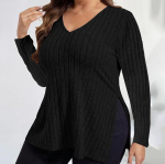 Kevad ja S&uuml;gis &Uuml;hev&auml;rviline Suur Suurus Naiste Top V-kaelusega Pikkade Varrukatega L&otilde;hikuga T-s&auml;rk Slim Pullover XL must