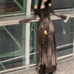Elegantsed vabaaja naiste vintage kirjaga kleidid Kaldkaelusega pikkade varrukatega grunge kleit, moodne &otilde;last maha v&otilde;etud, magus Y2k Vestido De Mujer S pruun