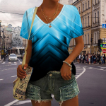 Naiste V-kaelusega l&uuml;hikeste varrukatega helesinine noolega tr&uuml;kitud pluus, lahtise T-s&auml;rgi ja vabaaja pluus XS sinine