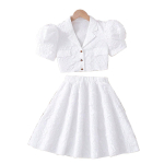 Teismeliste t&uuml;drukute valge &uuml;likond, 2024. aasta suvine l&uuml;hike jope, puhvis varrukatega topp ja seelik laster&otilde;ivaste moekomplektid lastele 9Y valge