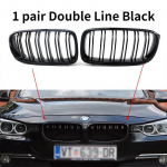NEW-Glossy Black Dual Slats Front Kidney Grille Chrome Diamond Grill Replacement for BMW 3 series F30 F31 F35 2011- Double Line Black