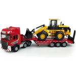 1/50 platvormveoauto m&auml;nguasi koos ekskavaatoriga laaduriga traktori buldooser poolpuksiirveoauto transpordihaagis metallist survevalu konstruktsioon 2-&uuml;hes s&otilde;iduk 1/50-Size:28*5*6.5cm kollane/punane