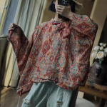 Johnature Naiste Vintage Prindiga Lillelised S&auml;rgid Topid Seisva Kraega Nahkhiire Varrukatega N&ouml;&ouml;bitavad Topid Kevad Hiina Stiilis Naiste Pluusid One Size