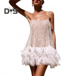 Naiste peokleit, kihiline narmastega &auml;&auml;ris, seljata, varrukateta, madala l&otilde;ikega kraeta, litritega, &otilde;hukesest v&otilde;rgust kokteiliga banketiklubi minikleit S valge