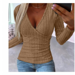 YYFS Naiste mood vabaaja kevads&uuml;gise &uuml;hev&auml;rvilise tr&uuml;kiga pikkade varrukatega V-kaelusega pluusid ja s&auml;rgid M khaki