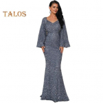 Naiste &otilde;htukleit, kelluke, varrukad, litrid A-joonega, &otilde;hukesed, madala l&otilde;ikega V-kaelusega maksikleit, selja keskosa, lukuga, suletav ballikleit S kuldne