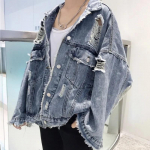 Moodne Sinine Rebitud Denim Jakk Y2K Kulunud Streetwear Hip Hop Katki Auguga Teksad Biker Jakk Meeste Kevadised Jakkid XXXL