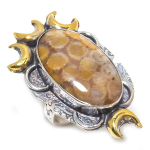 Fossil Coral Handmade 925 Sterling Silver Two Tone Ring Size 9 l1v11