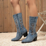 2024 S&uuml;gisene Trend Tikand Totem Kujundus Paksu Kontsaga L&auml;&auml;ne Kauboi Saapad Mood Terava Ninaga Naiste Keskmise S&auml;&auml;rega Mootorrattasaapad 42 tumesinine v&auml;rv