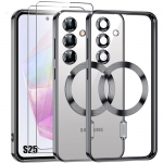 Coque pour Samsung Galaxy S25 avec Cercle Magn&eacute;tique - Noir + 2 Verres Tremp&eacute;s - BOOLING&reg;