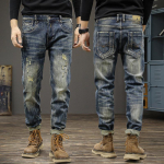 Moodsad meeste teksap&uuml;ksid Retro Sinised Elastsed Kitsa l&otilde;ikega Rebitud teksap&uuml;ksid Meeste p&uuml;ksid Vintage Disaineriga Vabaaja Denim p&uuml;ksid 38