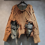 Naiste Pullover Pikkade Varrukatega Ebakorrap&auml;rane Do Old Patchwork Taskutega Vintage Pesuga Denim Kampsun 2XL brown