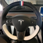 For Tesla Model 3 Model Y 2018- Hand stitched non-slip Black white Leather car Steering Wheel Cover 4