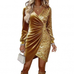 Naiste litritega sametist m&auml;hkiv minikleit pikkade varrukatega V-kaelusega kroogutatud liibuv kleit pulmak&uuml;lalise &otilde;htukleit pidulik kokteilikleit M kuldne