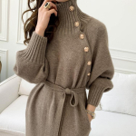 S&uuml;gis- ja talvine vintage Turtleneck Chic Button Kahe kandmisega kampsun seelik Kvaliteetne pits-up v&ouml;&ouml;koht kootud kleit. XL kaamel
