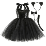 Halloweeni Laste Loom Kass Cosplay T&uuml;drukute Kost&uuml;&uuml;m Litritega Nailonv&otilde;rk T&uuml;llkleit Peaehe Saba Laste S&uuml;nnip&auml;evapeo Kost&uuml;&uuml;mid 6t black