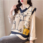 Vest naiste riided Kawaii multifilm V kaelusega kampsun Vintage kootud varrukateta &uuml;lisuured k&auml;rbitud topid džemprid One size sinine