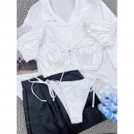 L&uuml;hikeste varrukatega kortsus Brasiilia bikiinid naiste ujumisriided Naiste ujumistrikoo Kaheosaline bikiinikomplekt supluskost&uuml;&uuml;m ujumisdaam S valge