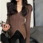 Pikkade varrukatega V-kaelusega kootud sviiter naiste s&uuml;gis- ja talvine pikkade varrukatega pulloverid, naiste Y2K topsid &scaron;ikk &otilde;huke trikotaaž Riided 28499 One Size aprikoosi