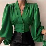 Blusas S&uuml;gis seksikad V-kaelusega s&auml;rgid Naiste k&otilde;rge v&ouml;&ouml;kohaga laternaga varrukatega s&auml;rk L&uuml;hike satiinist &uuml;laosa lahtised topid Pluus Solid riided 29535 One Size roheline