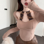 Kandiline krae, pikkade varrukatega alumine naiste T-s&auml;rgid, magusad Y2k esteetilised vibu, seksikad pitsiga k&auml;rbitud top Jaapani &scaron;ikid mood &otilde;hukesed T-s&auml;rgid S punane