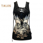 Naiste suvine V-kaelusega paeltega T-s&auml;rk, reguleeritavad rihmad Varrukateta T-s&auml;rk Kirja pealuu tr&uuml;kiga Slim Fit Punk Style Pullover Tops S must