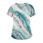 Suures suuruses tr&uuml;kitud Scrub t&ouml;&ouml;vormi topid naiste V-kaelusega l&uuml;hikeste varrukatega l&otilde;busatele T-s&auml;rkidele Taskutega t&ouml;&ouml;riiete T-s&auml;rk L sinine