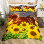 3D hobuse tekikott Kuninga ja Kuninganna suuruses Kollane p&auml;evalill Voodipesukomplekt Lilleline looma teemaline tekkikate Eluslooduse pehme tekikate 135X200cm-2pcs yellow