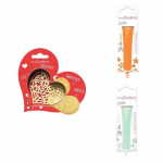 Kit pour biscuit en relief coeur + 2 stylos au chocolat orange et vert d'eau hall