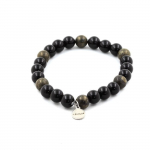 Pierres et Min&eacute;raux. Bracelet Perles Agate noire + Pyrite d' Afrique du Sud 8 mm. Fabriqu&eacute; en France.