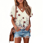 Naiste T-s&auml;rgid Plisseeritud V-kaelusega Pidulikud Vabaaja Pluusid Tr&uuml;kiga L&uuml;hikeste Varrukatega Suvised Topid Lahtise L&otilde;ikega L beež