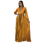 Naiste s&uuml;gisene V-kaelusega laternavarrukatega volditud pikk kleit XXL kuld